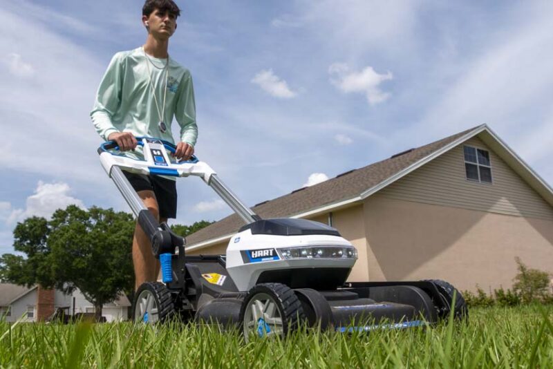 mowing with the hart lawnmower