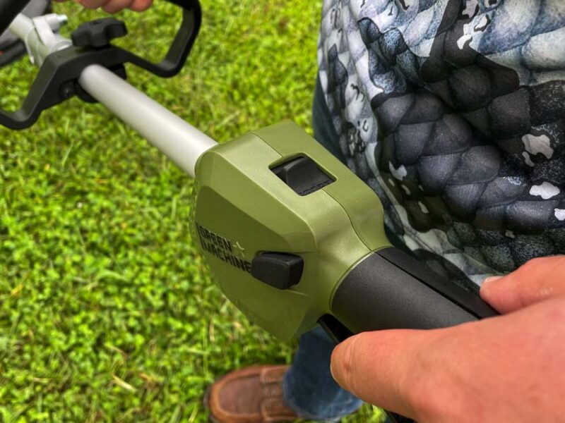 Green Machine 62V Cordless Battery 16in. String Trimmer Cut Swath Brushless Motor with Auto-Wind Spool and 2.5 Ah Battery and Charger