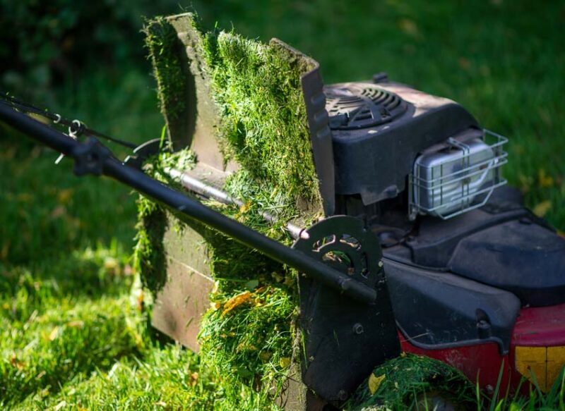 lawn mower clogged with wet grass