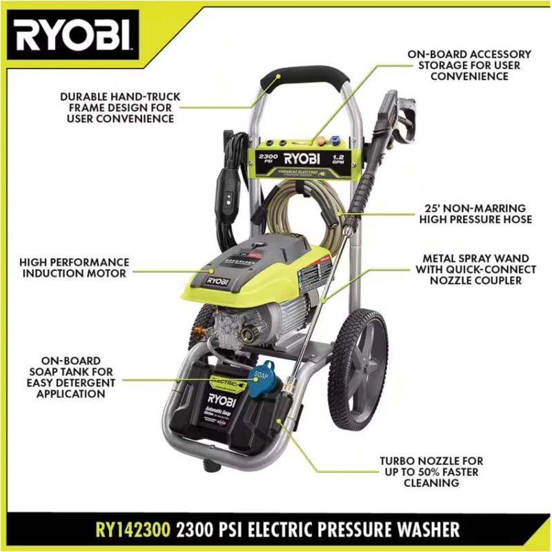 ryobi 2300 psi corded pressure washer features 